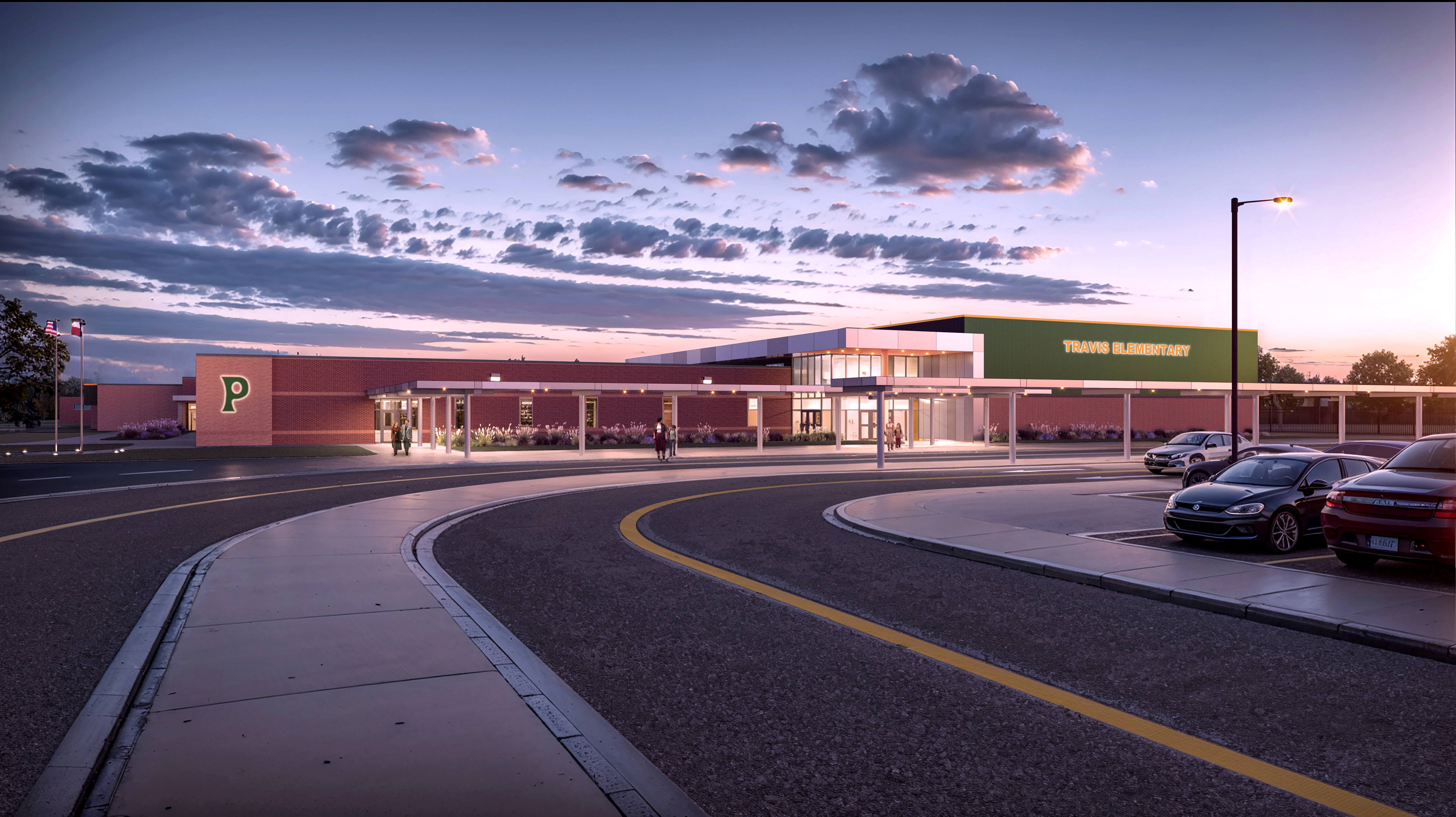 Travis-Elementary-Expansion-Renovations-Front-Overview-Exterior-Eye-Level-Dusk-Pampa-TX