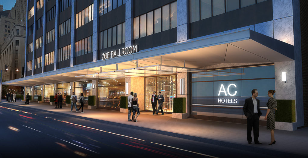 AC Hotel by Marriott Houston Downtown ZOE Ballroom Entrance Exterior Eye-level Nighttime