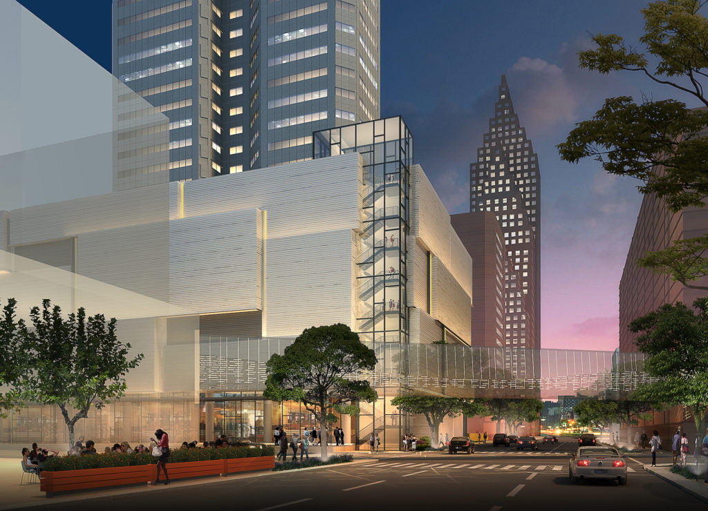 Lyric Center Garage and Plaza Exterior Eye-level Dusk