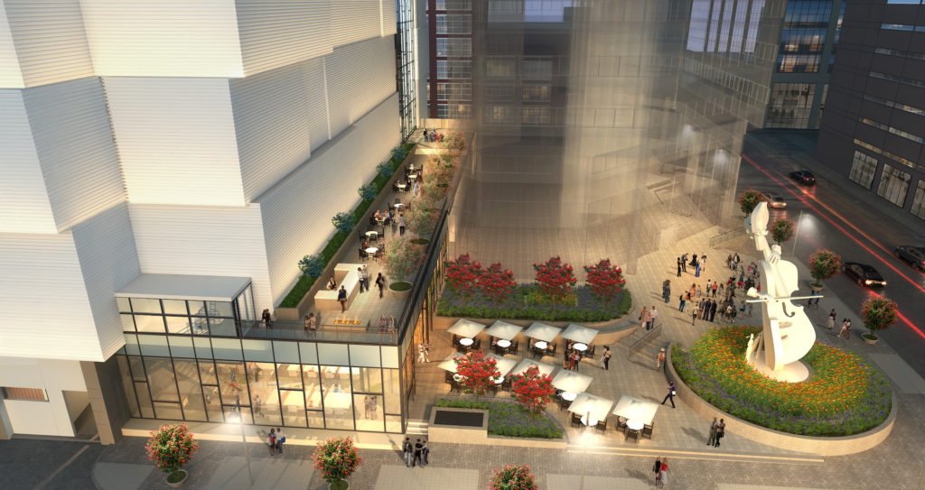 Lyric Center Garage and Plaza Roof Exterior Semi-Aerial Dusk