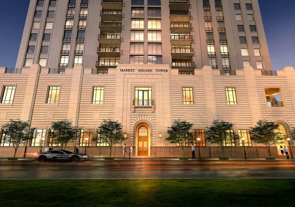 Market-Square-Tower-Greystar-Houston-Entry-View-Exterior-Eye-Level-Dusk-Houston-Texas