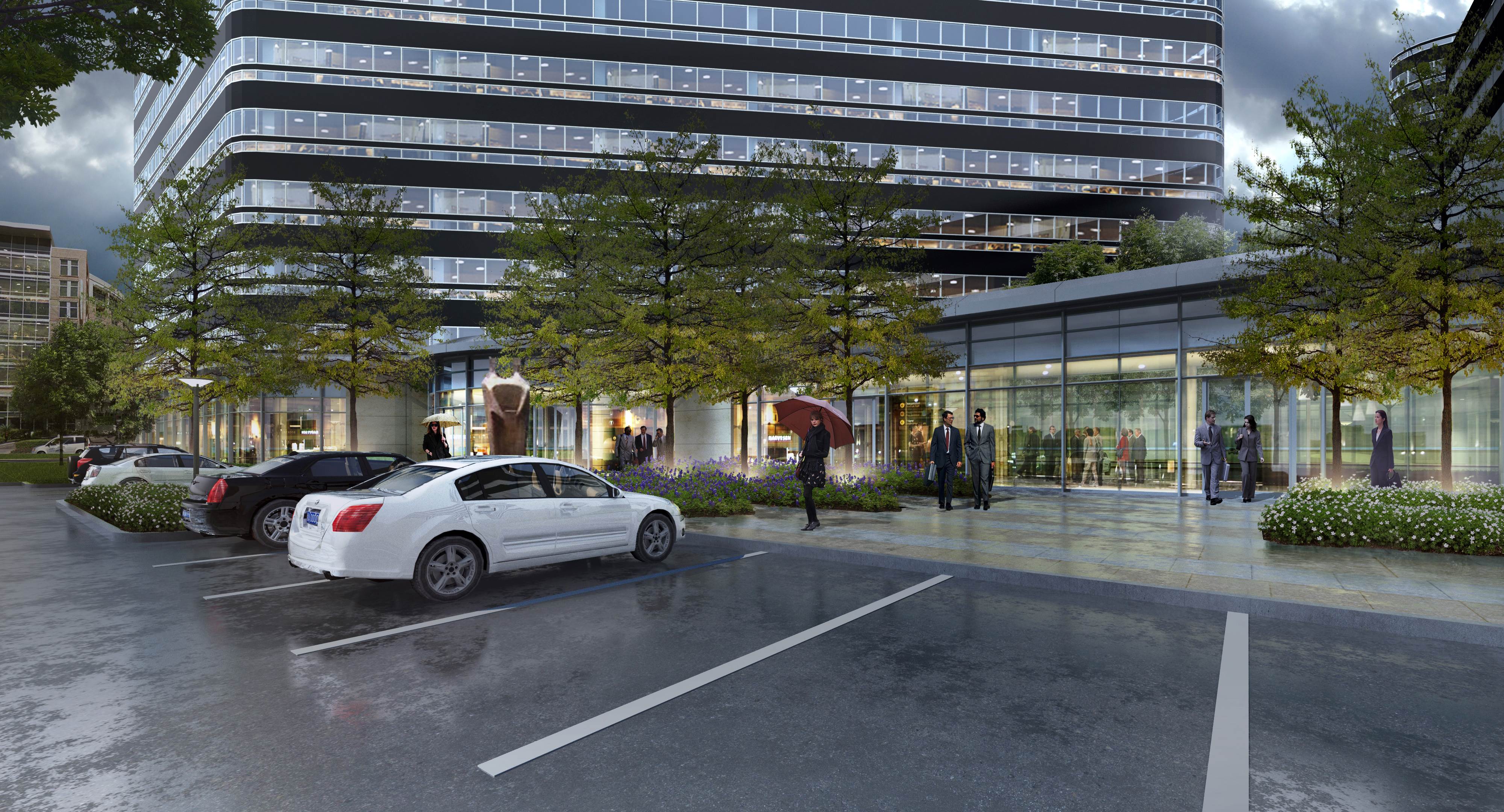 Post-Oak-Central-North-Ambassador-Way-Entry-Exterior-Eye-Level-Rainy-Houston-Texas