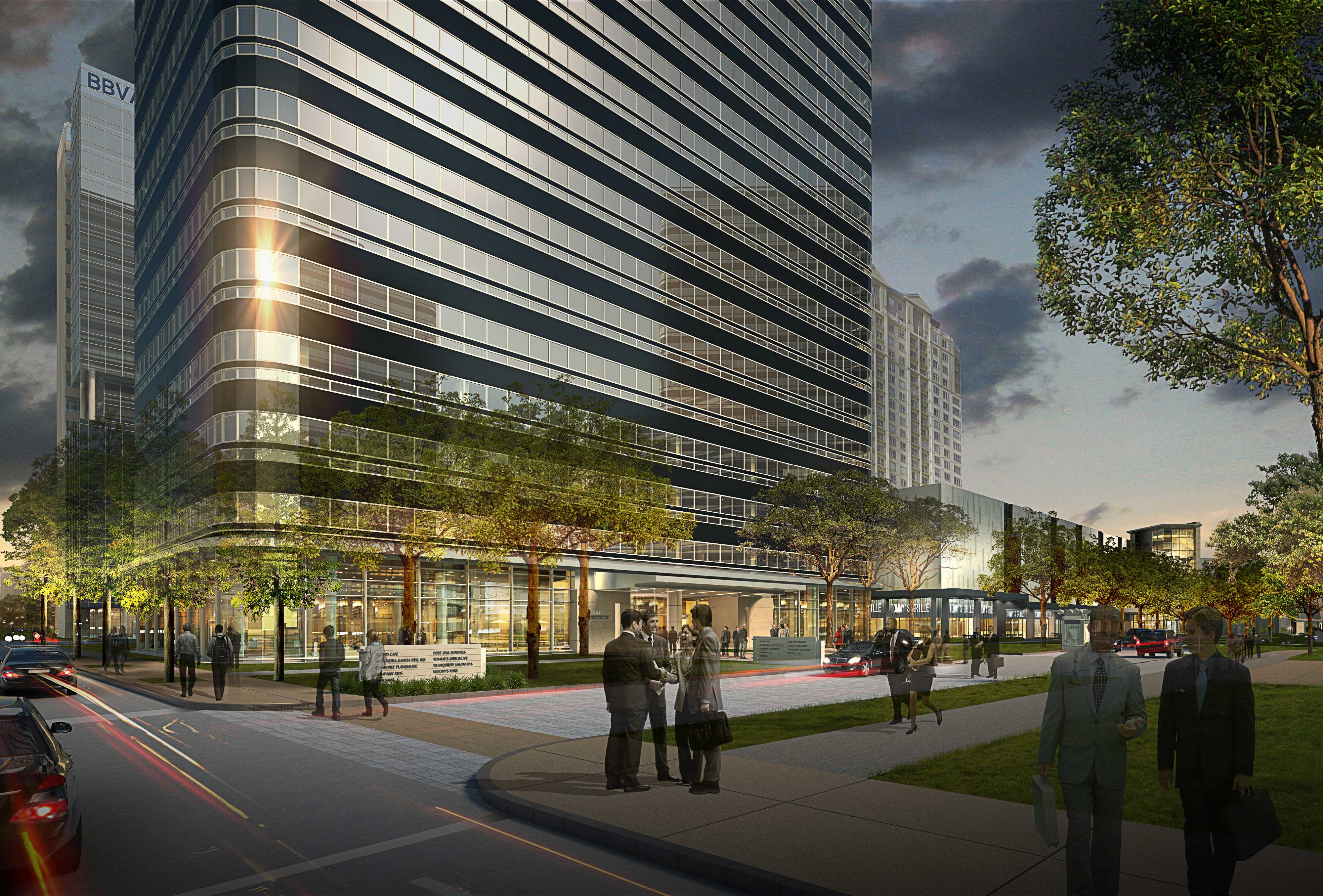 Post-Oak-Central-North-Park-Entry-Exterior-Eye-Level-Dusk-Houston-Texas