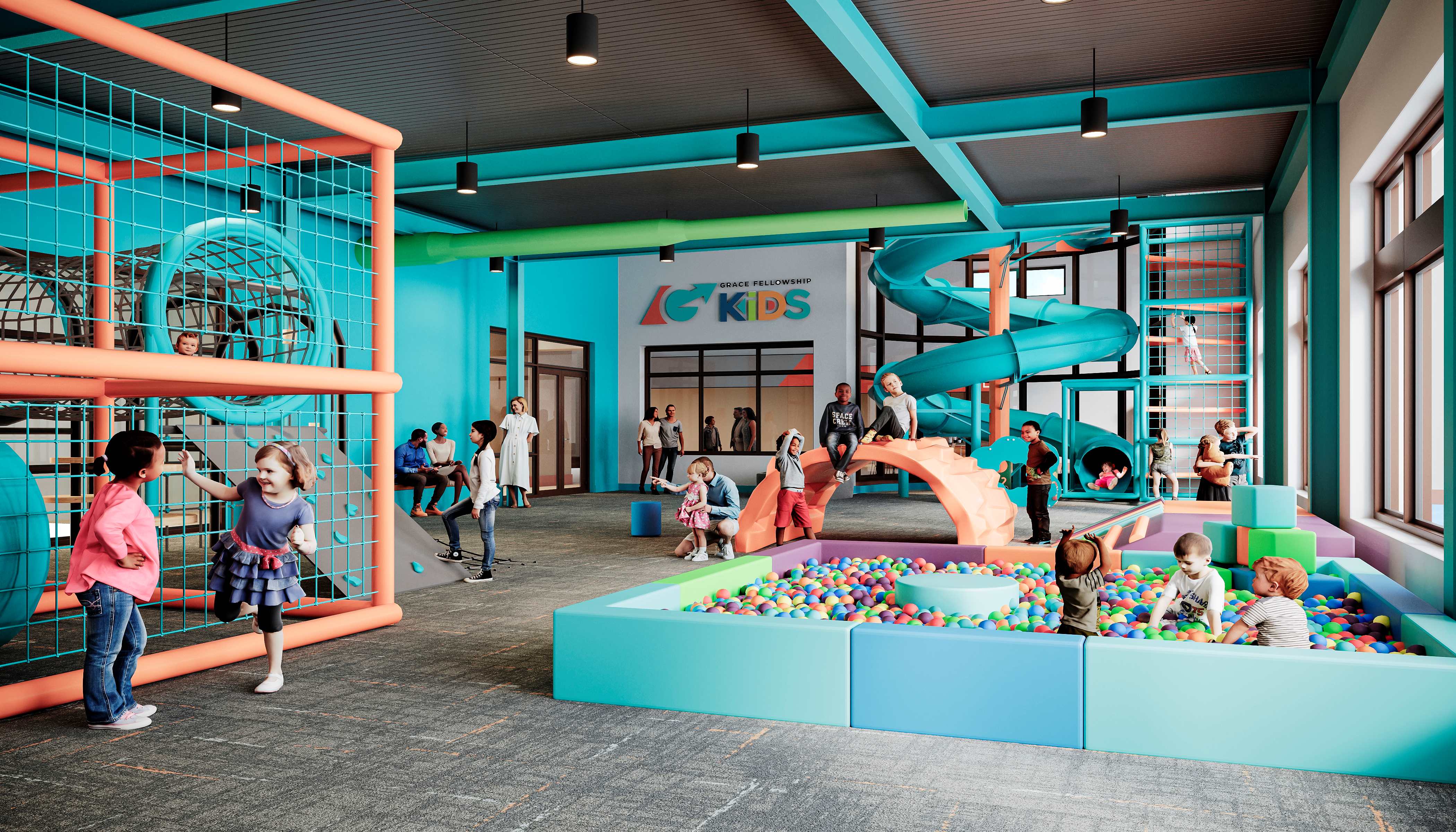 Grace-Fellowship-Church-Main-Merriman-Holt-Powell-Architects-Kids-Indoor-Play-Interior-Eye-Level-Daytime-Katy-Texas