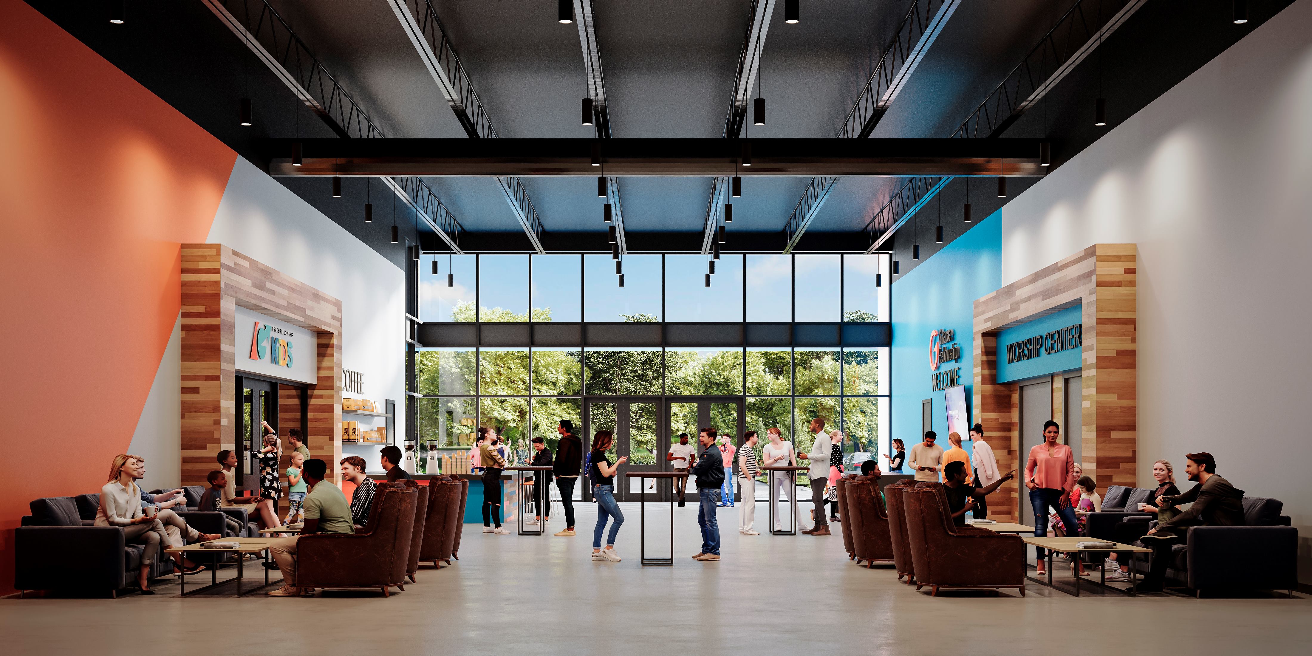 Grace-Fellowship-Church-North-Katy-Merriman-Holt-Powell-Architects-Lobby-Interior-Eye-Level-Houston-Texas